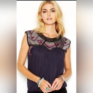 Free People Dark Blue Blouse with Tribal Embroidery
